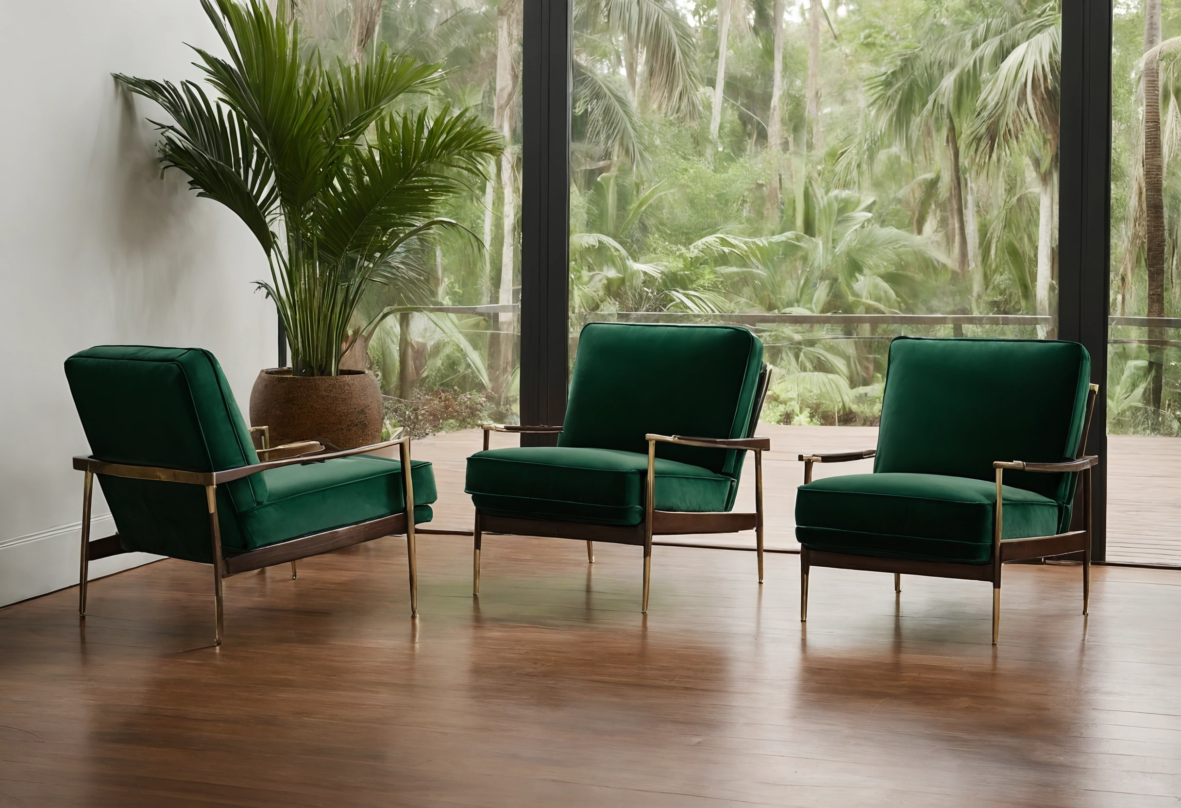 Three green velvet armchairs on a hardwood floor in a Florida showroom with palms outside the windows