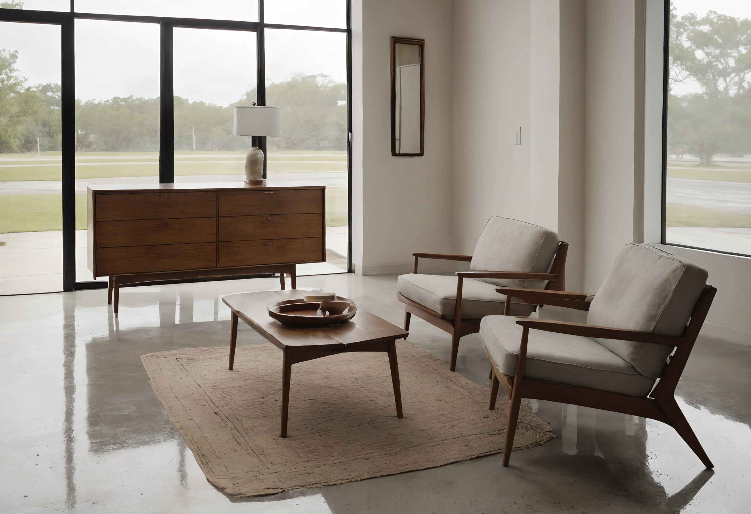 Mid-century walnut dresser, two armchairs and a coffee table on a jute rug inside a Florida consignment showroom with rain outside the glass wall